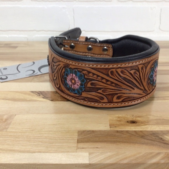 Mad Cow genuine leather western dog collar handmade brown turquoise pink studded - Picture 3 of 16
